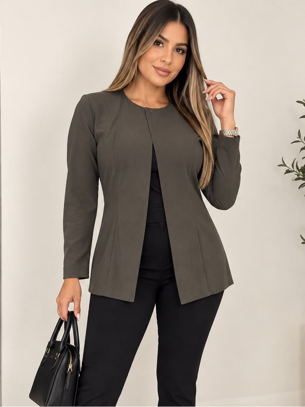 Courtenay Olive Open-Front Blazer with Black Trousers